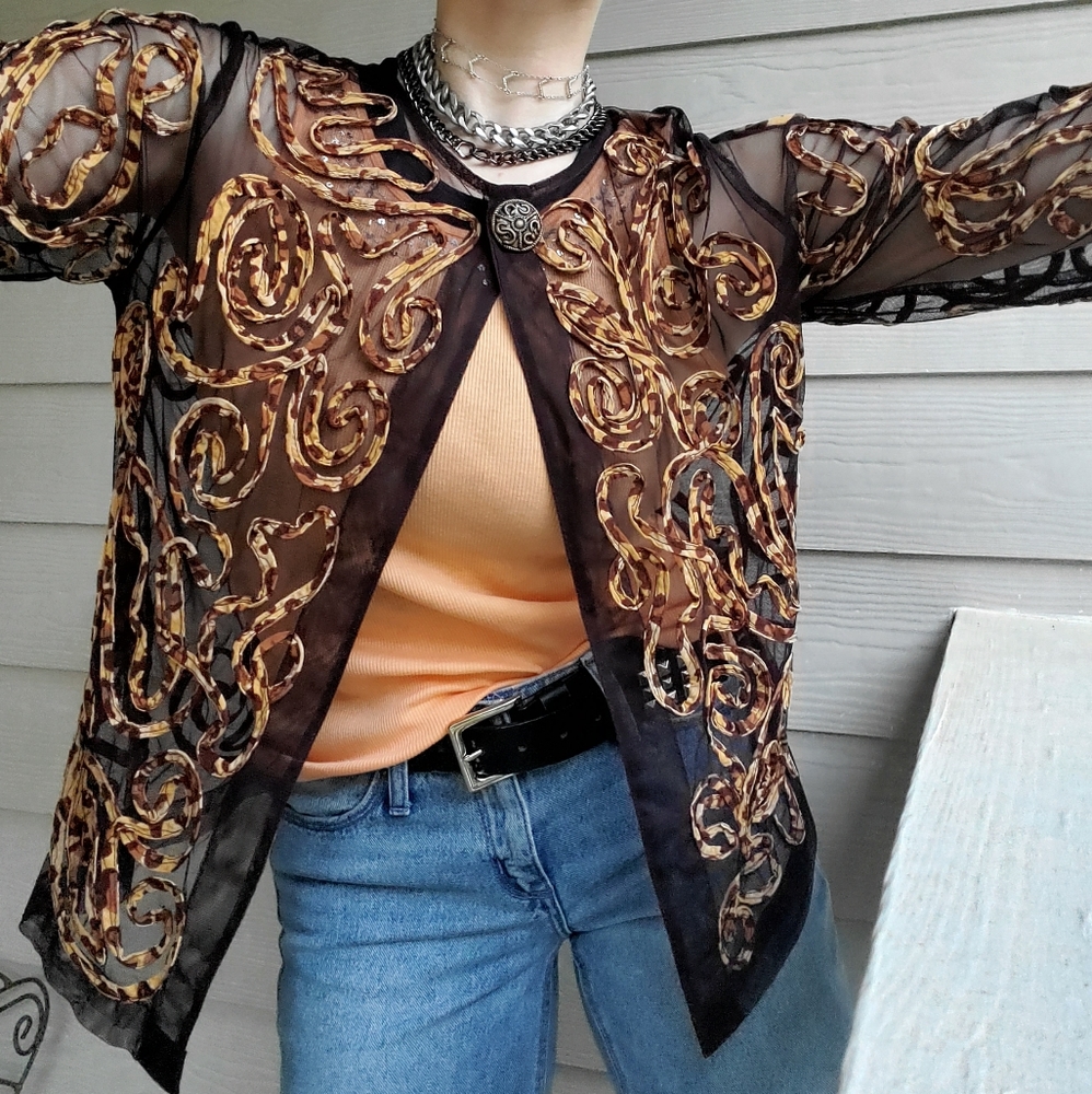 Chico's Brown Sheer Mesh Summer Cardigan w/Sewn-on Animal Print Leopard Swirls - Picture 2 of 16